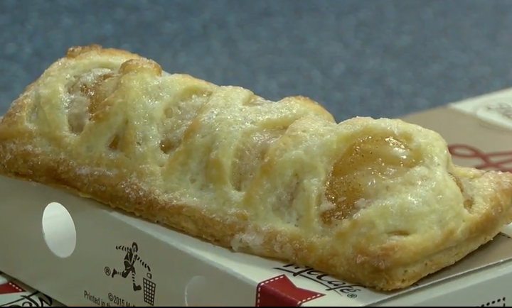 Bama's new lattice-topped McDonald's apple pie on top of a McDonald's apple pie box